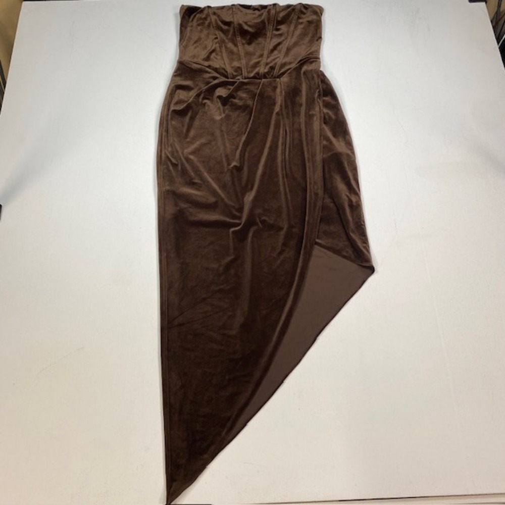 Express Brown Velvet Strapless Corset Asymmetrical Midi Dress Size M NWT